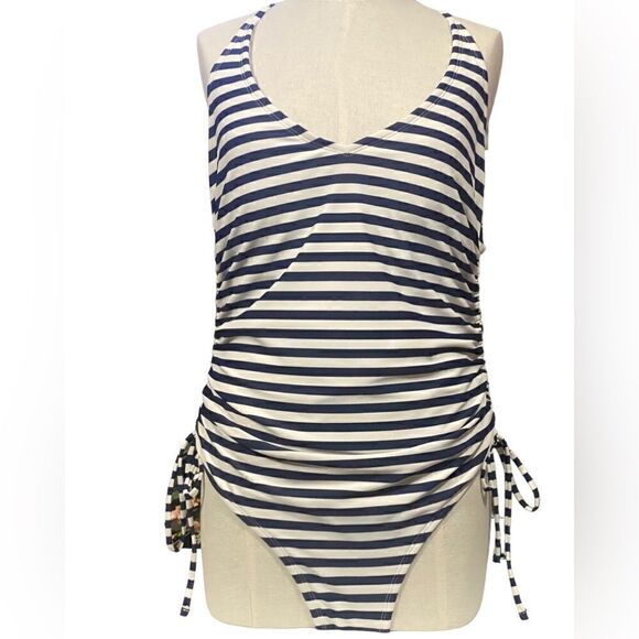 Kona Sol Navy + White Stripe V Neck Side Cinch One Piece Swimsuit Large - Picture 2 of 9
